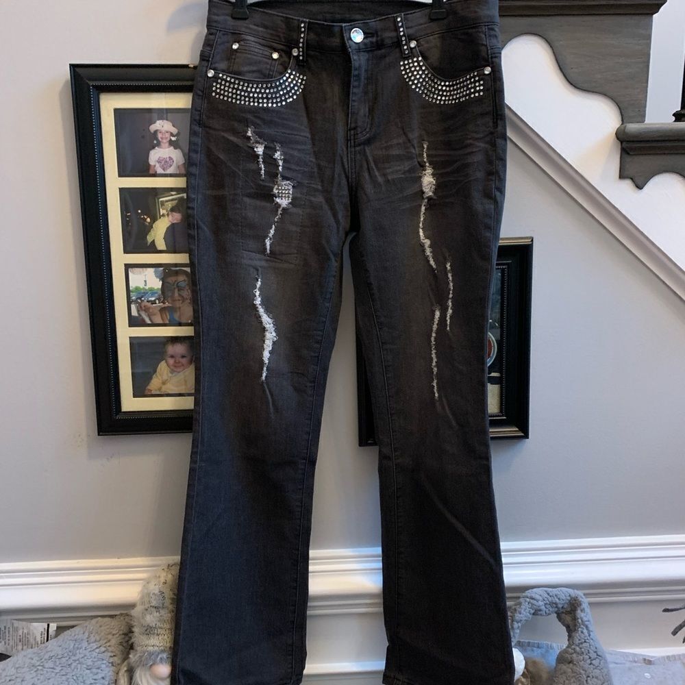 Venus Black Distressed and Crystal Embellished Baby Boot Cut Jeans sz 10